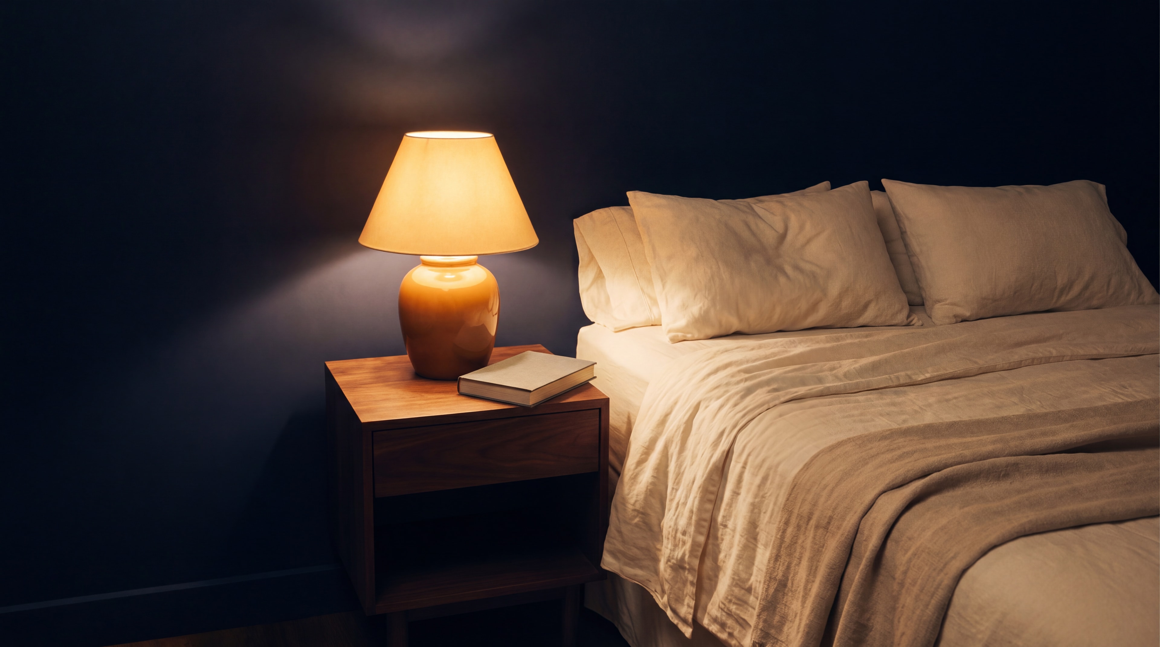A candlelit bedroom at night — a cream-linen bed bathed in the warm amber glow of a single bedside lamp on a walnut nightstand